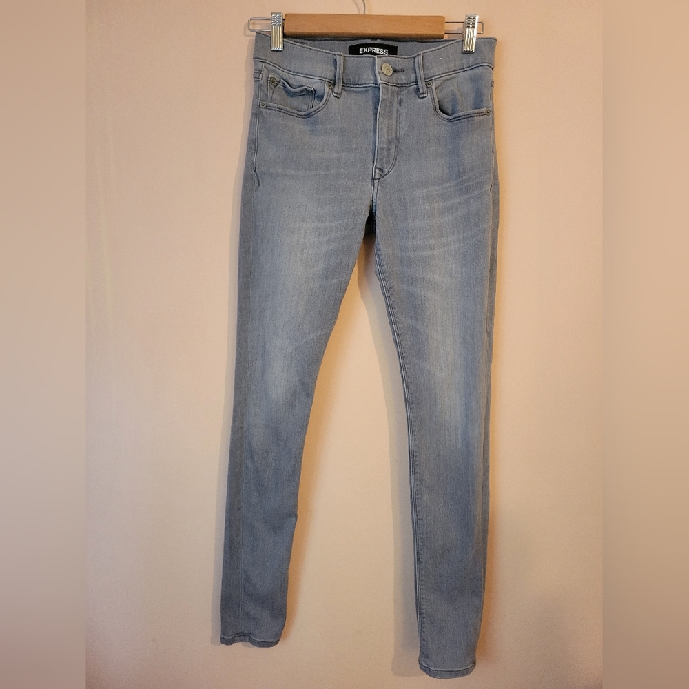 Express Distressed Denim Stretch Mid Rise Jeggings, 4 Regular, 29" Inseam